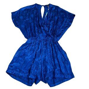 Shore Romper Womens S‎ Blue Satin Floral Faux Wrap Flowy Tropical Vacation